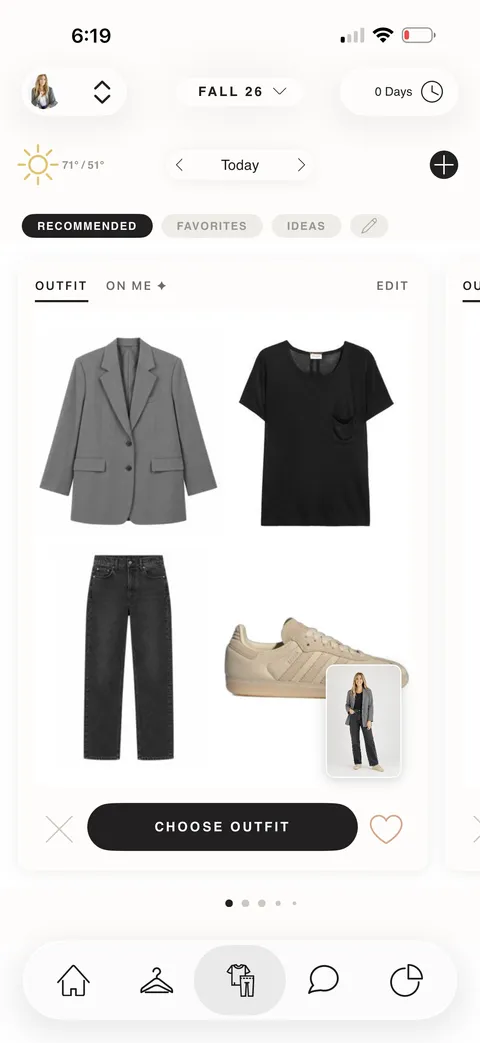 Cladwell outfit idea with a gray blazer, black tee, jeans and sneakers